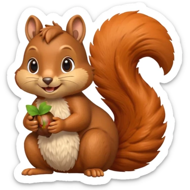 A 3D cartoon squirrel holding an acorn, fluffy tail curled up, orange-brown fur, happy face, soft natural light, Memoji-style look. sticker