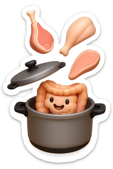 emoji stile iphone in 3d di una pentola a pressione dentro cui cadono agnello, pollo, tacchino crudi e un intestino umano felice da cuocere, iperrealistico 4k sticker