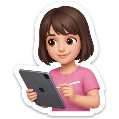 Brune aux cheveux court qui prend son temps tout doucement avec son grand iPad et un Apple Pencil. Vêtements rose sticker