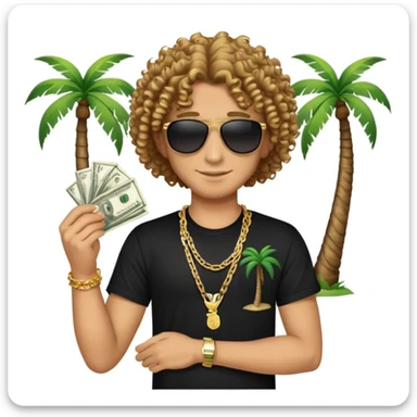 Happy mixed-race person with curly hair, black t-shirt, chain necklace, sunglasses, holding cash in both hands, palm tree beach background sticker