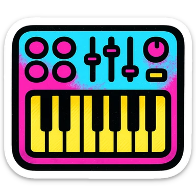 A MIDI keyboard in Pop Colors style, with a graffiti-inspired design, urban vibe, spray-paint textures, and bright, contrasting colors. sticker