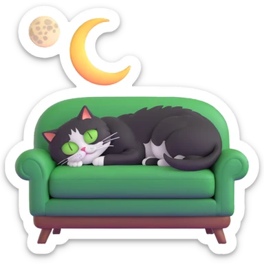 tricolor fluffy cat with big green eyes sleeping on a sofa with a moon above her sticker