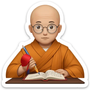 A bald scholar monk with round glasses, writing notes with quiet concentration.
 sticker