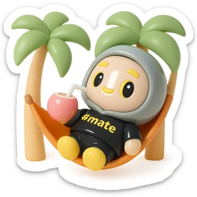 Make the character lying in a hammock on the beach under palm trees, drinking a coconut cocktail through a straw. Use 3D kawaii chibi style with vinyl figure appearance, matte texture, soft lighting, chibi proportions. Keep the color scheme and facial and clothing details as in the original. Use a white or creamy white background with no extra elements. sticker