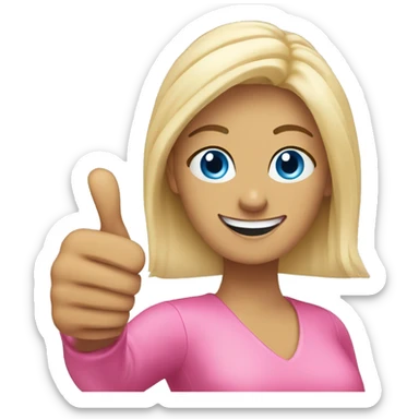 Attractive blonde blue eyed woman wearing pink giving thumbs up sticker