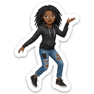 African American dark skin girl with black dreadlocks with brown tips wearing a plain black hoodie wearing denim jeans and shoes dancing in music video sticker
