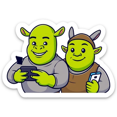 Shrek and Donkey texting on their phones sticker