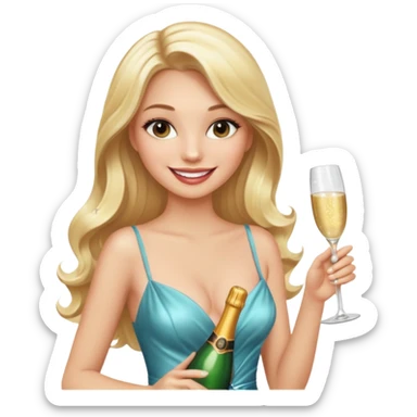 Glamorous blonde lady holding champagne bottle, long hair with makeup smiling sexy sticker