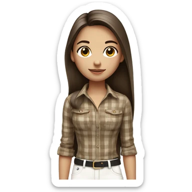 a brunette girl with long straight hair stands in a brown checkered shirt and white pants with a small black handbag sticker