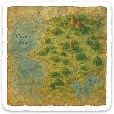 realistic crinkled and water damaged map, natural colors, soft, fairy-like atmosphere, no background, square size sticker