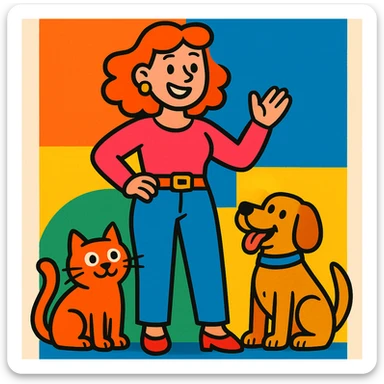 a woman standing with a cat and a dog near her on the right side, vibrant toon style illustration sticker