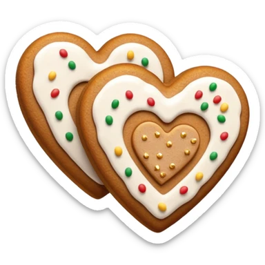 two gingerbread heart cookies with white holiday icing sticker