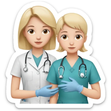 A young medic (woman) attending to a child at the local hospital sticker