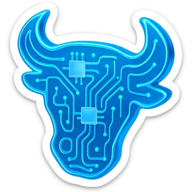 Make the bull head logo much more abstract, focusing on neon blue circuit patterns, in glossy circuit style. sticker