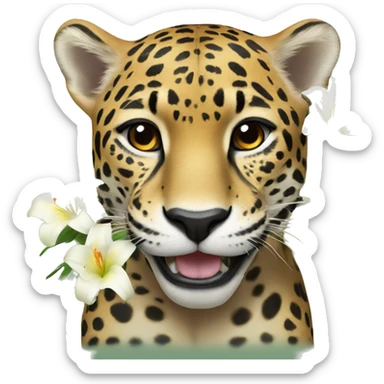 A jaguar smiling with a lily in her ear sticker