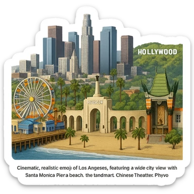 cinematic, realistic emoji of Los Angeles, featuring a wide city view with the Santa Monica Pier and beach, the iconic downtown LA skyline, the landmark arches of the Los Angeles Memorial Coliseum, the famous Chinese Theater, and the Hollywood Sign, with lifelike architectural detail, accurate colors, bright daytime lighting, fully transparent background, no sky, no clouds, no city name label sticker