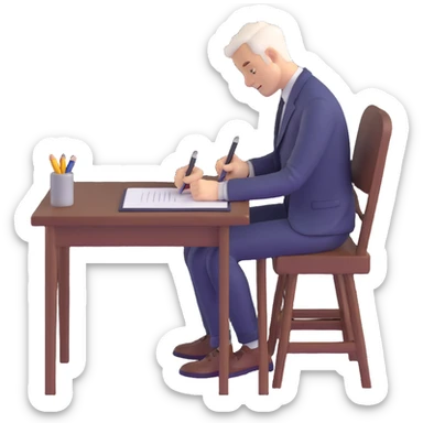white man writing at a table sticker