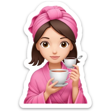 brunette girl hair wrapped in pink towel holding tea with both hands sticker