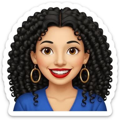 40 yr old peruvian woman, very curly long black hair, red lipstick, big smile, white teeth, brown eyes, hoop earings sticker
