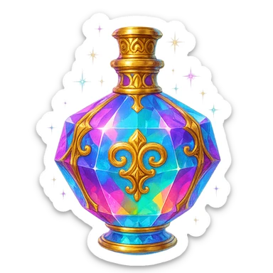 very luxurious crystal colorful chewing gum style elixir bottle, bright colors, lots of glow, edges, ornaments, golden details, magical effects, very small golden neck, transparent background, beautiful seamless bottom, bottle clearly floating in air, no base or shadow, premium class, playful, matching a collection sticker