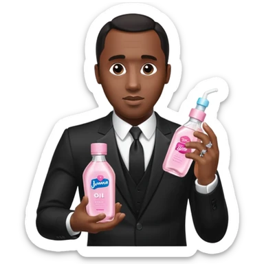 A realistic product shot of a transparent bottle of Johnson’s Baby Oil by Johnson & Johnson, featuring a soft pink label. The oil inside is crystal clear and glossy. Sean "Diddy" Combs in black suit is holding the bottle sticker