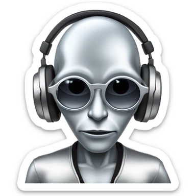 serious silver humanoid alien, being a DJ, with very cool and modern sunglasses, the silver lens of the glasses sticker