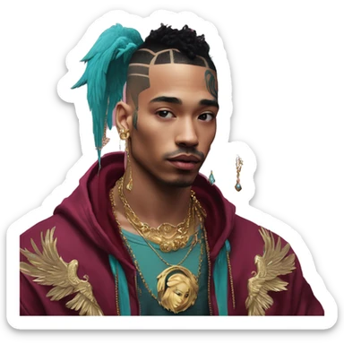 Vintage patina intricate swirls gold jewellery baroque raven wings angel tropical Deep pink maroon burgundy cyan dark hoodie man vitiligo dyed hair gold piercings nose piercing ear piercings sticker