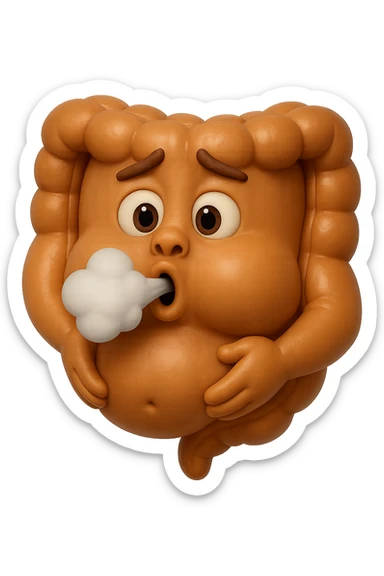 emoji stile iphone di un intestino che ingoia una nuvoletta di aria ben visibile e gli si gonfia la pancia, iperrealistico 4k sticker