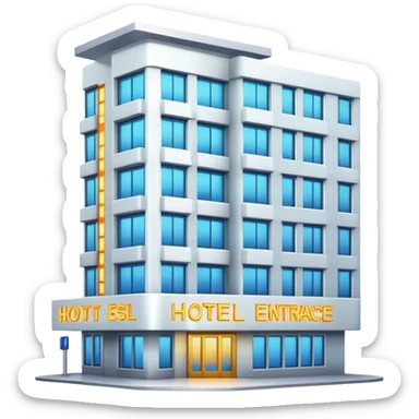 multi-story hotel building with many windows and glowing entrance sign sticker