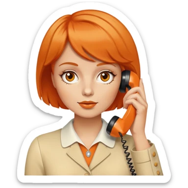 upper body of a woman with short orange hair talking on a white 70s phone sticker