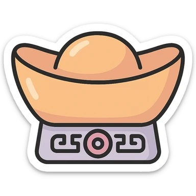 Chinese gold ingot (yuanbao) with patterns, thin clean outlines, soft rounded shapes, pastel palette #98B5BC, #B5B3C1, #C9A3C9, #E4C0CA, #F7DCD1, #F7C0AA, detailed shadows and highlights, soft lighting, transparent background, Chinese eastern style, no surrounding decoration sticker