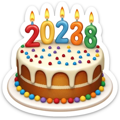 A festive New Year cake with lit candles shaped as the number 2026,
warm lighting, celebratory atmosphere,
soft background, high quality, clean composition sticker
