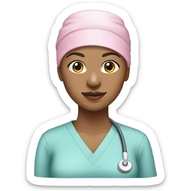 Female surgeon in cotton candy colored scrub cap with no hair showing and wearing a mask fair skin tone sticker