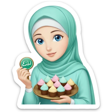 Turkish beautiful finish Konya girl blue eyes with mint hijab islamic dress and had on her hand text Eid Mubarak with sweets and celebrating with her friends eid days   sticker