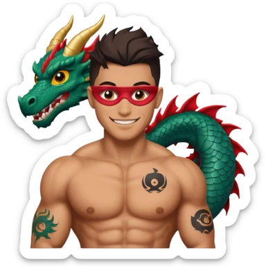 smiling muscular male portrait with a dragon tattoo and an eye patch sticker