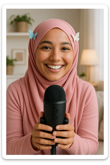 a girl ASMR content creator in a modern pink hijab, butterfly hairclips on each side, holding a microphone, cheerful and welcoming sticker