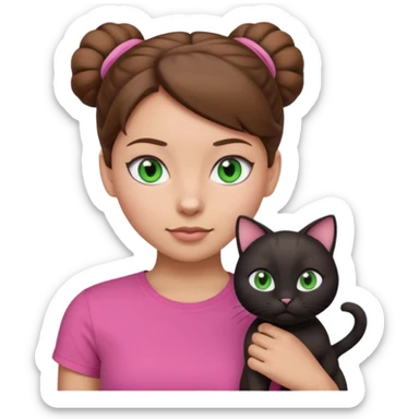 girl emoji with blue eyes, light skin, brown hair in a bun, wearing a pink t-shirt, with a black cat with green eyes, both looking forward sticker