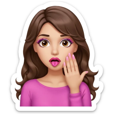 girl with long wavy brown hair, brown eyes, long lashes makeup, sexy pink lips, light to medium complexion, pink sexy top, shocked, hand covering mouth sticker