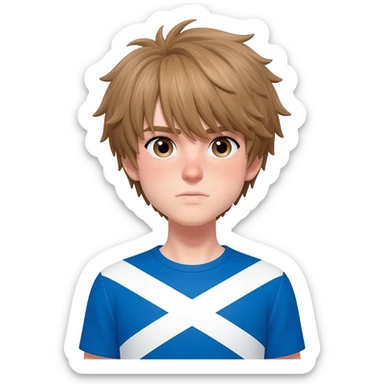 femboy with messy light brown bangs covering the eyes with scottish flag on his shoulders sticker