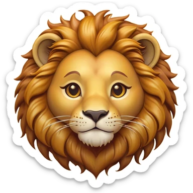 Cinematic Cute Lion Portrait Emoji, Head tilted playfully and inquisitively, featuring a glossy tawny Fur with a lush mane and round, sparkling amber eyes filled with curious mischief, Simplified yet irresistibly adorable features, highly detailed, glowing with a warm, friendly glow, high shine, affectionate and spirited, stylized with a touch of jungle whimsy, bright and endearing, soft glowing outline, capturing the essence of a mischievous yet loving lion, so playful it feels like it could pounce out of the screen and into your arms! sticker