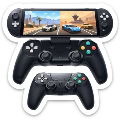 An icon showing a split-screen game display with two sections, each featuring different gameplay action. Two PS5 controllers rest below, symbolizing local multiplayer fun. The design captures the excitement of competitive and cooperative gaming. A transparent background sticker