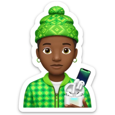 Create me an detailed emoji of a cool Young Nigerian prince wearing a neon green gradient African patterns with  a hat (a Nigerian-inspired patterned hat) and wearing apple airpods sticker