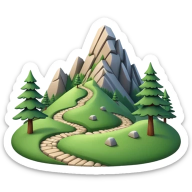 A 3D cartoon mountain trail winding up green slopes with stones and pine trees, distant peaks in background, warm daylight, Memoji-style.A 3D cartoon coiled climbing rope with a carabiner, golden color, resting on a rocky surface, realistic soft shadows, Memoji-style rendering. sticker