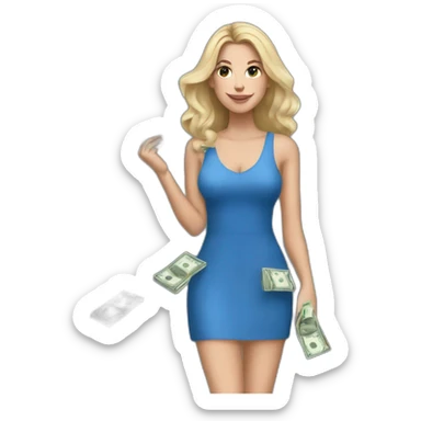 yasmin brunet Realistc white girl in a blue dress her hair out holding the money sticker
