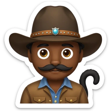 combine the cowboy empjis with a bclack cat emoji and make it have a black thick moustache over the cat wiskers sticker
