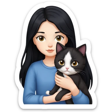 A girl with long black hair holding a Devon cat sticker