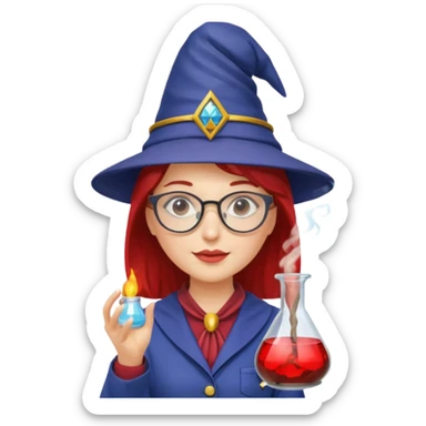 woman scientist with glasses, wearing wizard hat custome, with glass vase, red sticker