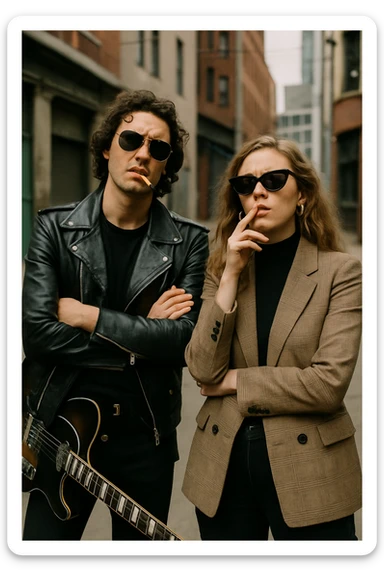 Par de personas que trabajan en la industria musical, parados conversando con aires de superioridad mientras se fuman un cigarro, mientras miran a la cámara (músico) de forma despectiva y burlona sticker