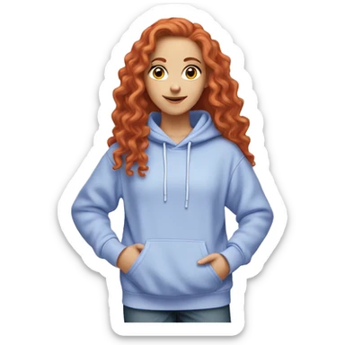a white girl with long red curly hair, wearing a pastel periwinkle hoodie doing a pose sticker