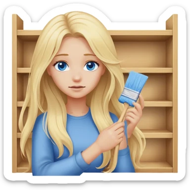 Cinematic realistic blonde with long hair, blue eyes wipes dust from a shelf sticker